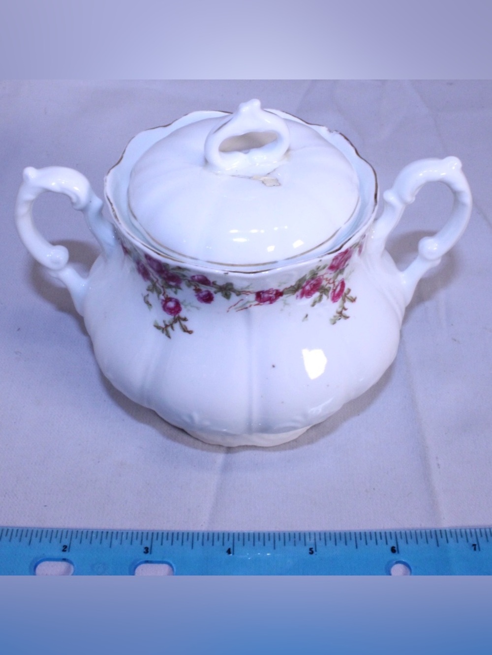 Antique Porcelain Sugar Bowl with Matching Lid - Pink Rose